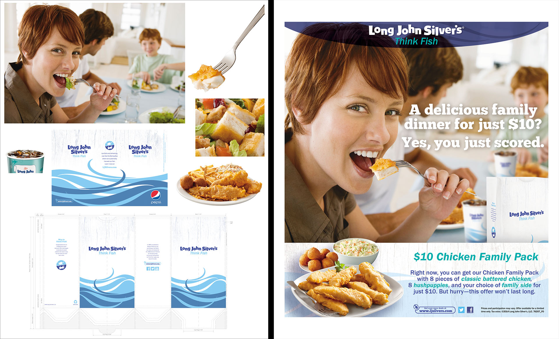 Long John Silver's print ad: A family of four enjoying a fried fish dinner.