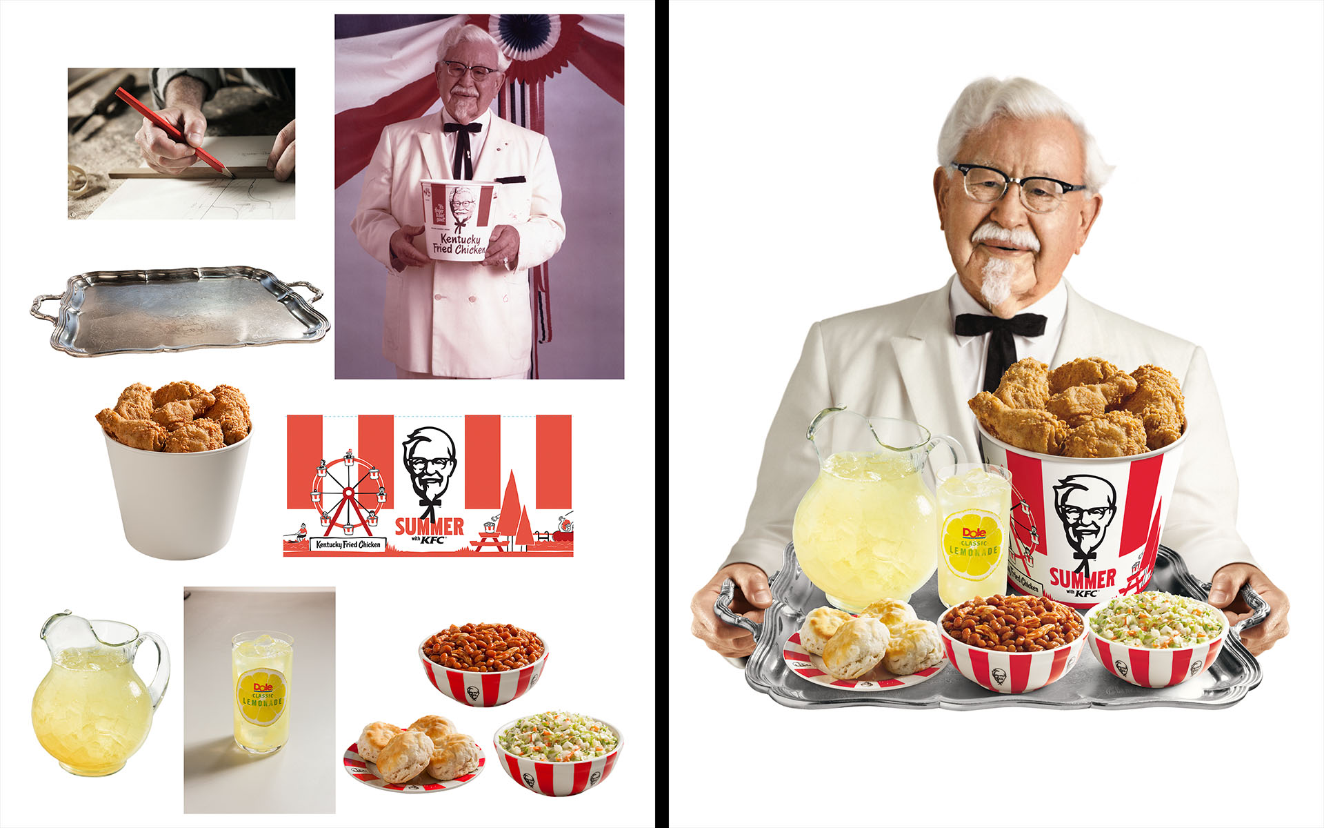 K.F.C. point of purchase display: Colonel Sanders holds a tray of food.