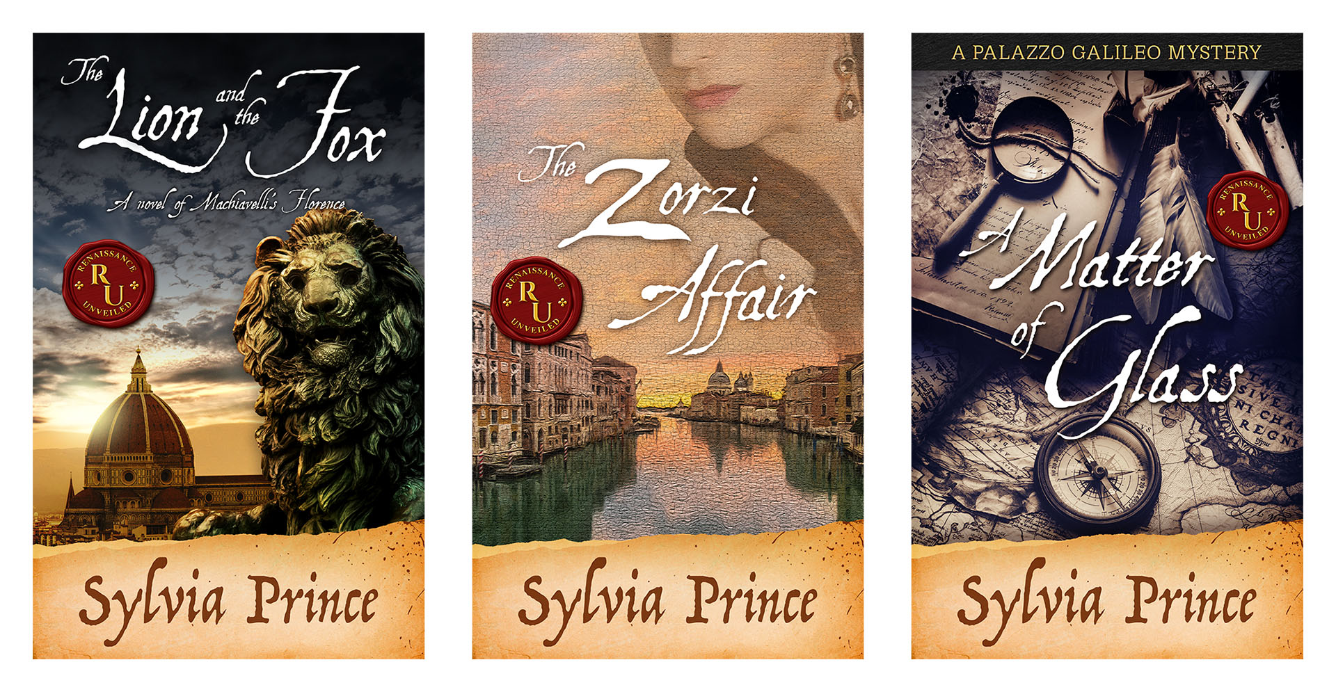 Three book covers: The Lion and the Fox, The Zorzi Affair, and A Matter of Glass.